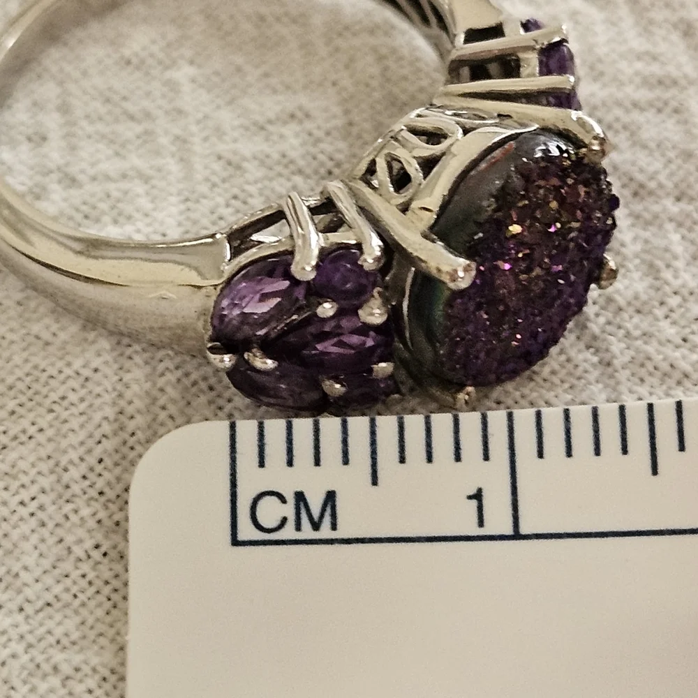 Purple Drusy African Amethyst Ring Platinum Over 925 Sterling Silver Sz 8